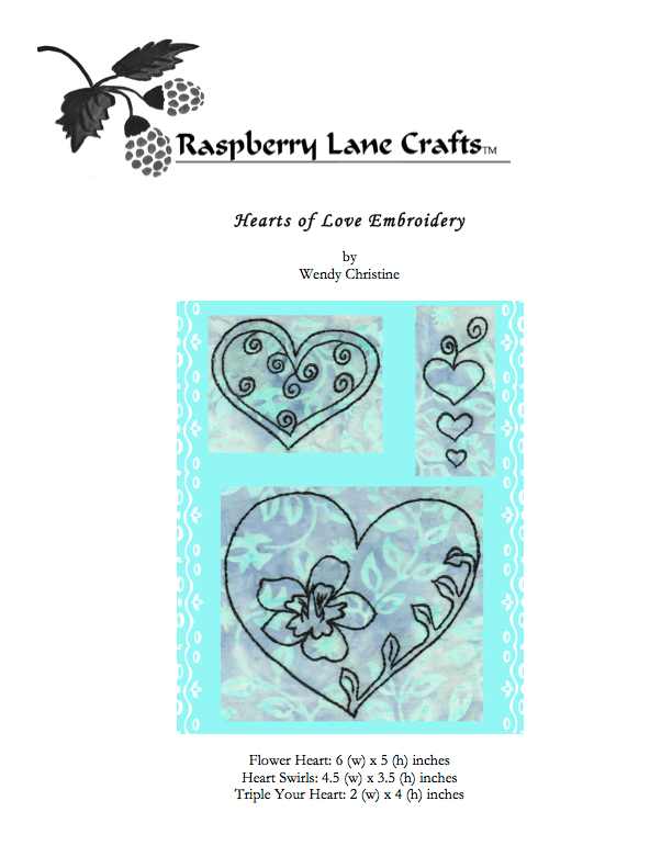 Valentine's Day heart embroidery pattern features hearts with swirls, three hearts, and a heart with flower and leaves designed by American designer Wendy Christine at Raspberry Lane Crafts for sale PDF digital download free shipping