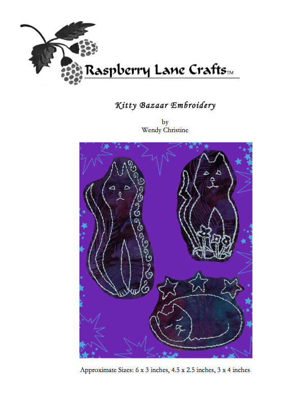 Three fun cat embroidery patterns featuring tall cat with swirls cat with tail and three flowers and sleeping cat with three stars by Wendy Christine American artist at Raspberry Lane Crafts Sewing is Sooooo Fun!