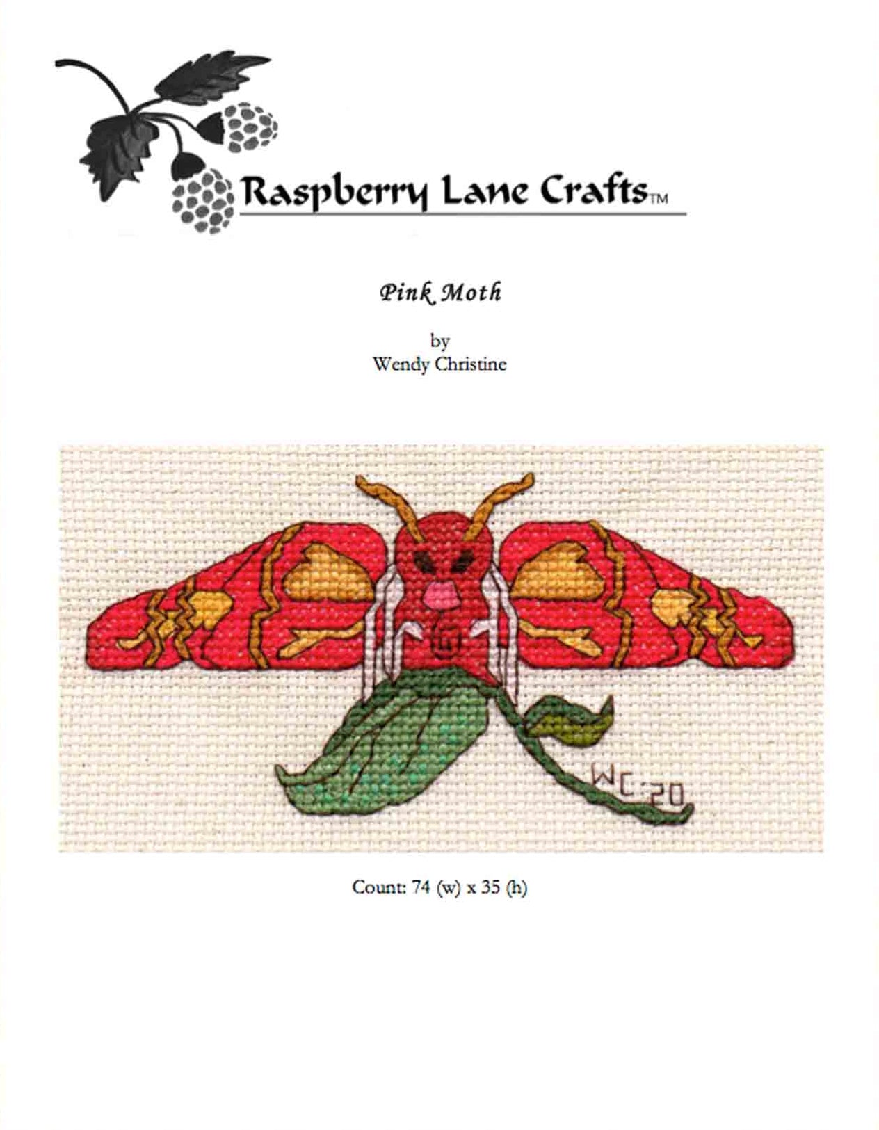 Pink Butterfly Moth Elephant Hawk Moth on a green leaf cross stitch pattern for sale digital PDF download no shipping designed by Wendy Christine at www.raspberrylanecrafts.com  DMC floss list pinks golds yellows and greens