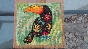 Fruity Toucan Beaded Cross Stitch Pattern Video of completed design.  Raspberry Lane Crafts.  The Art of Wendy Christine.