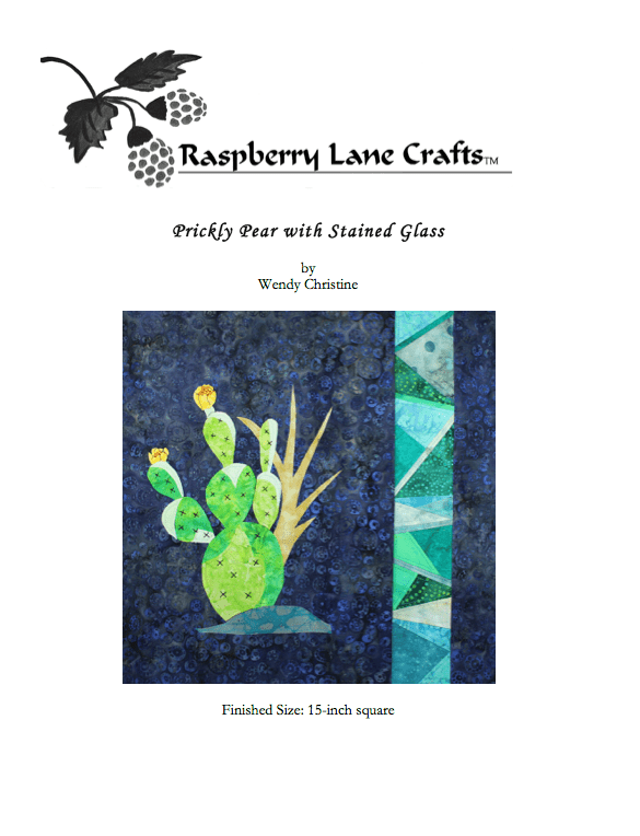 Prickly Pear with Stained Glass Quilt Pattern Download features a prickly pear with yellow flower buds a spiky weed stalk on a mound of dirt with a strip of paper pieced aqua fabriks that look like stained glass strip.  One of four quilt patterns in the Stained Glass Cactus quilt pattern PDF download for sale buy purchase at Raspberry Lane Crafts www.raspberrylanecrafts.com