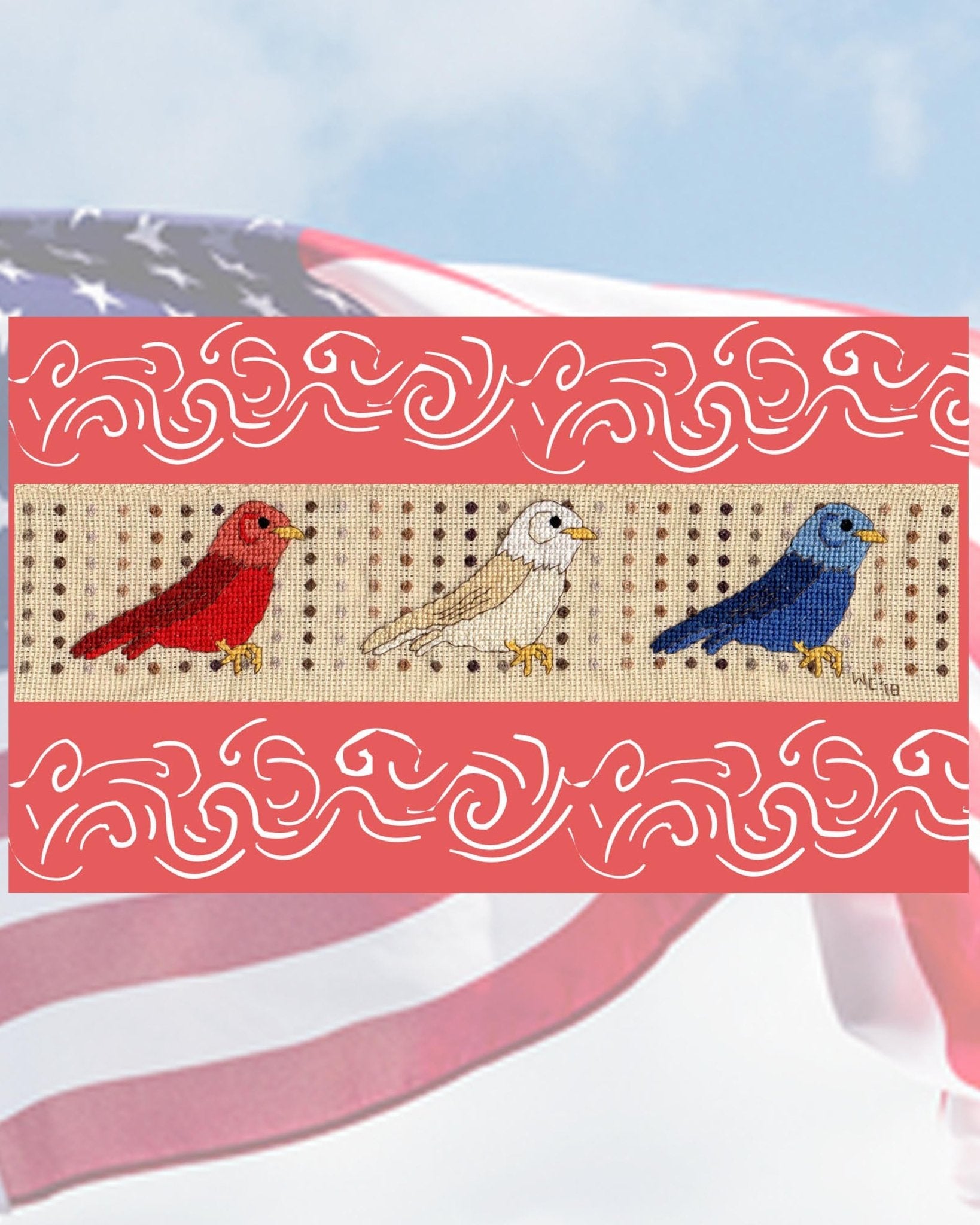 Red, White and Blue Birds Cross Stitch Towel Pattern Download - Raspberry Lane Crafts