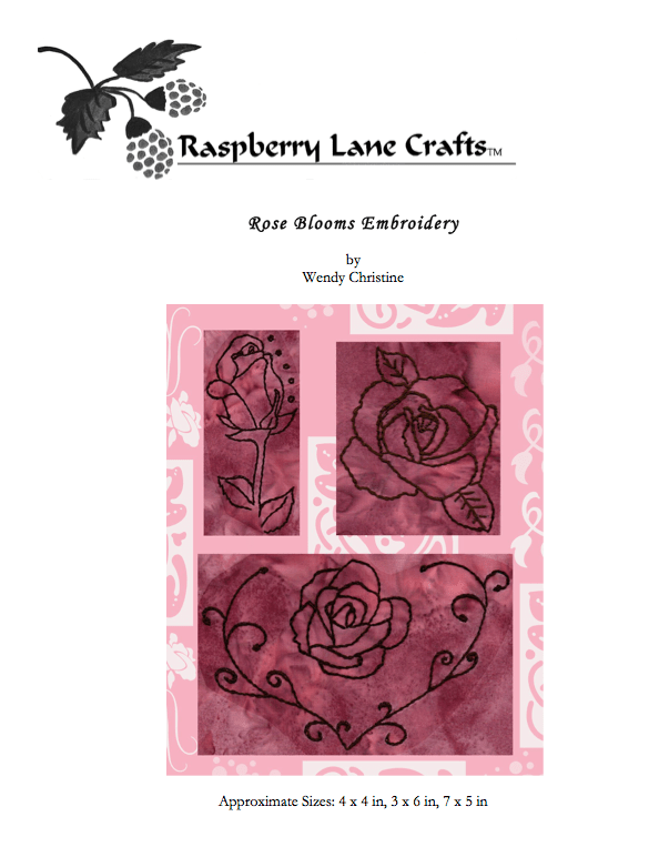 Raspberry Lane Crafts Three Rose Embroidery Designs PDF Downloads for sale buy purchase Bubble Rose Full Rose Heart Rose designed by Wendy Christine.