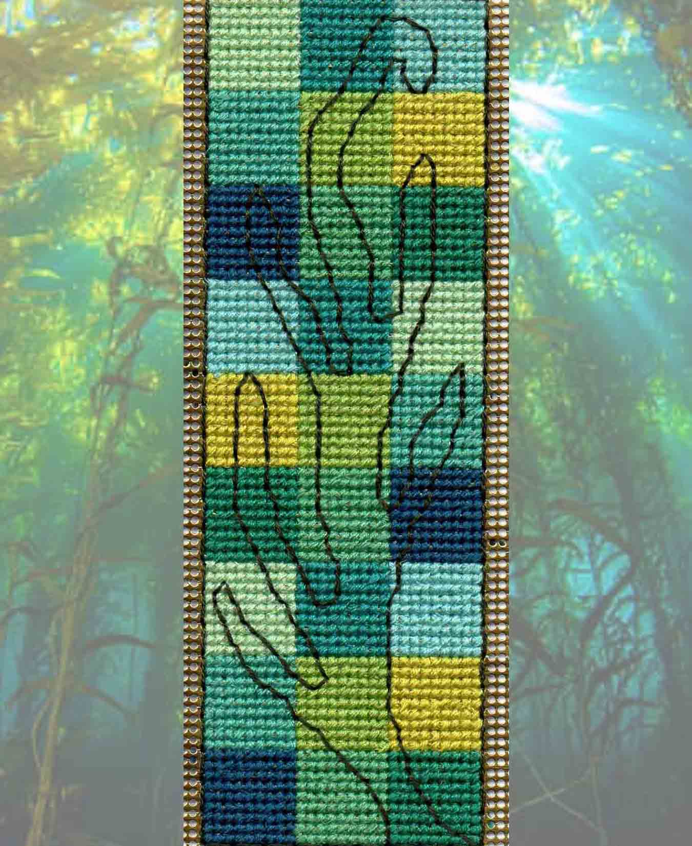 Green and Aqua Sea Kelp Cross Stitch Pattern Bookmark with DMC floss list is one of five patterns of the Sea to Garden Bookmarks Cross-Stitch Pattern for sale purchase buy at www.raspberrylanecrafts designed by Wendy Christine American designer.  Thank you for supporting our woman-owned small business!  Made in the US