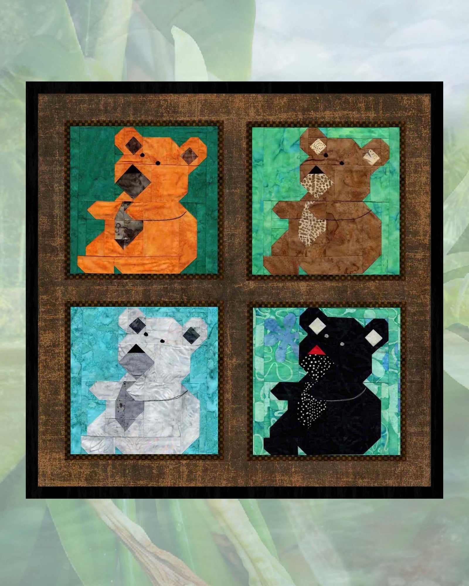 Four  adorable Teddy Bears make up the quilted wallhanging pattern Teddy Bear Bonanza Quilt Pattern download PDF digital file for sale at www.raspberrylanecrafts.com designed by American artist Wendy Christine and available internationally.  Thank you so much for supporting our store!