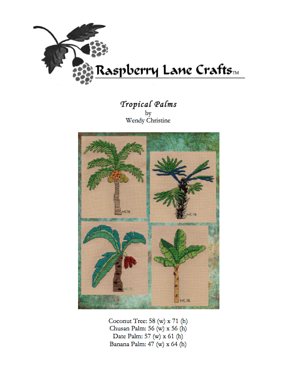 Tropical coconut palm tree cross stitch pattern download PDF digital file for sale is part of the Tropical Palms Cross Stitch Collection of four palm trees by Wendy Christine at www.raspberrylanecrafts.com