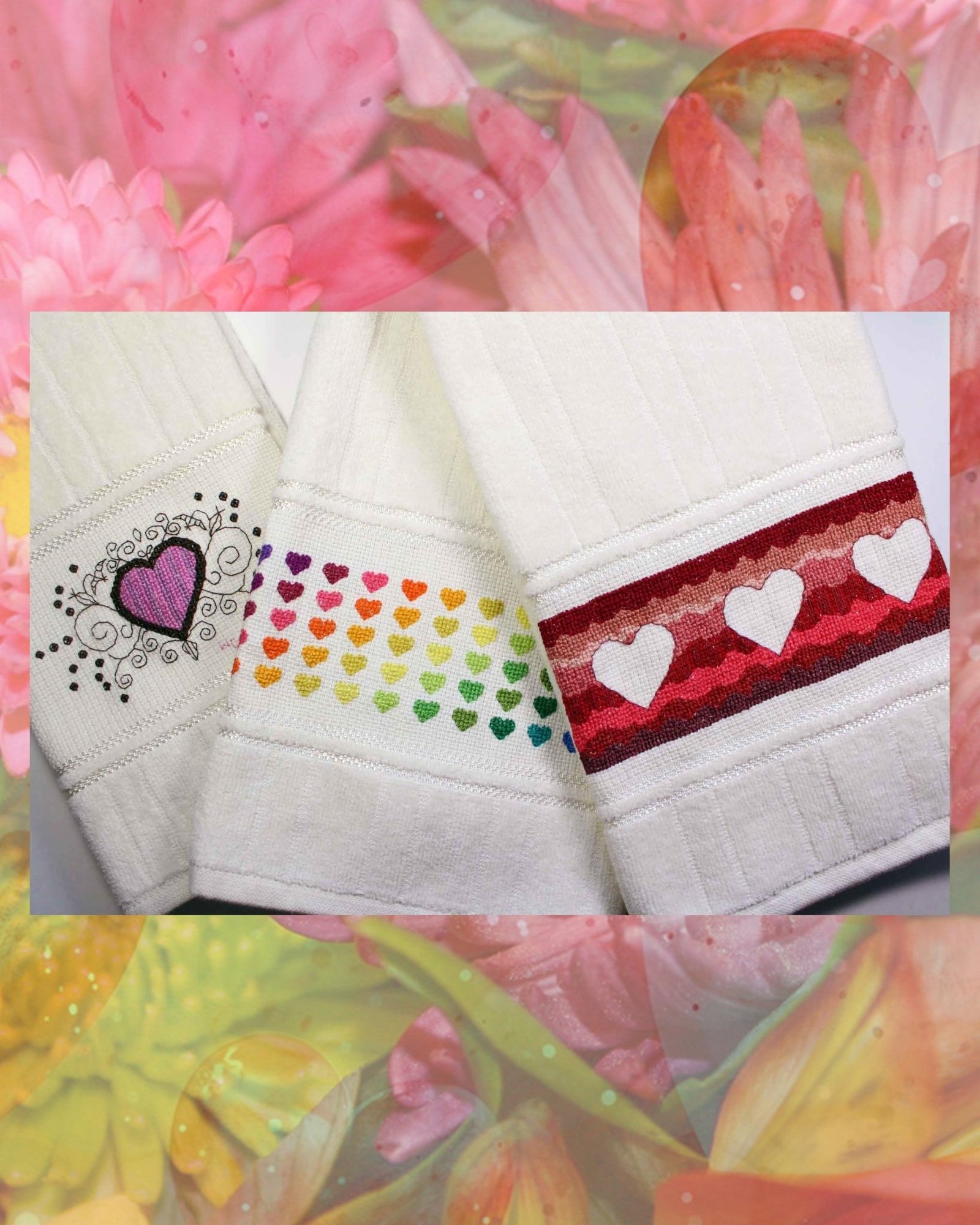 Valentine Towels Cross Stitch Pattern  features three heart designs Rainbow Hearts French Heart and Heart Waves.  The PDF Pattern Download is available to purchase at our website www.raspberrylanecrafts.com Raspberry Lane Crafts.  Design by American artist Wendy Christine.  Happy Valentine's Day!