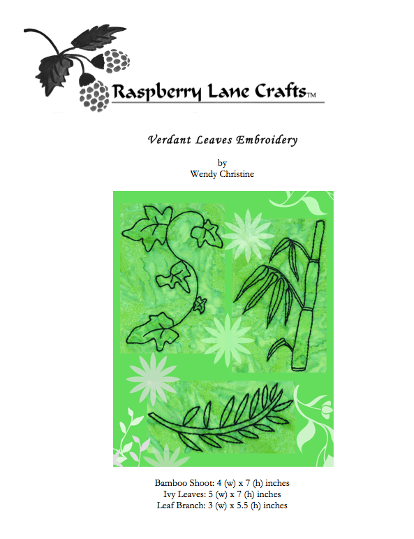 Embroidery pattern of ivy leaves, bamboo shoots, and fern with leaves download PDF digital file by Wendy Christine at Raspberry Lane Crafts.  Three patterns for towels or other crazy quilting.  Thanks for your purchase.  Not available on etsy.com amazon.com or facebook.com