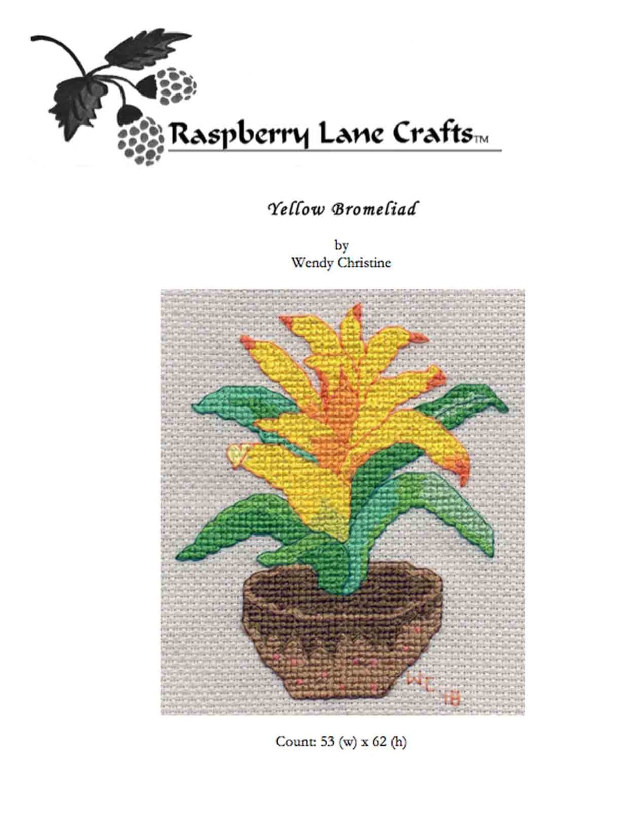 Raspberry Lane Crafts Yellow Bromeliad Cross Stitch Pattern PDF Download Digital File for sale purchase buy features a yellow spiky plant flowering with green spiky leaves and low brown pot by Wendy Christine American artist and designer.  Thanks for supporting our American made products!